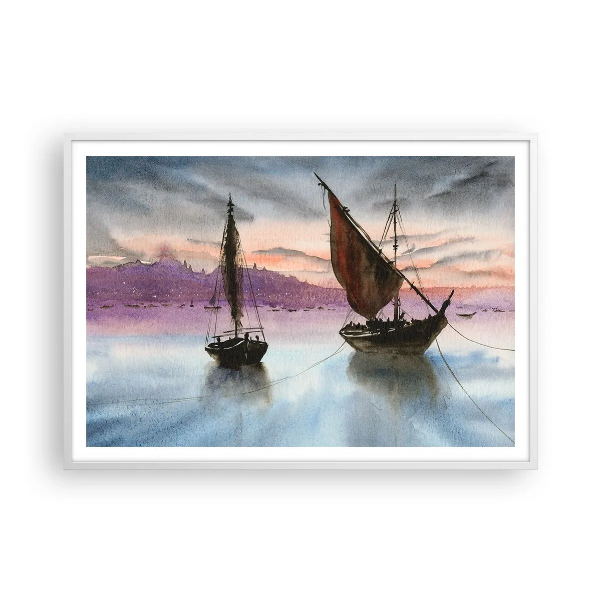 Plakat i hvid ramme - Aften i havnen - 100x70 cm
