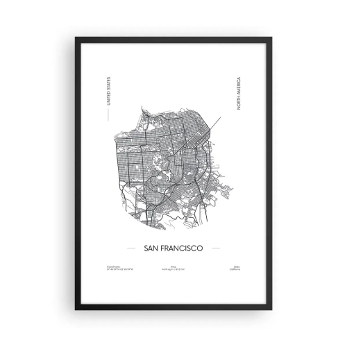 Plakat i sort ramme - Et minimalistisk kort over San Francisco i sort-hvid. - 50x70cm - San Franciscos anatomi - Moderne vægdekoration til stue og soveværelse ARTTOR