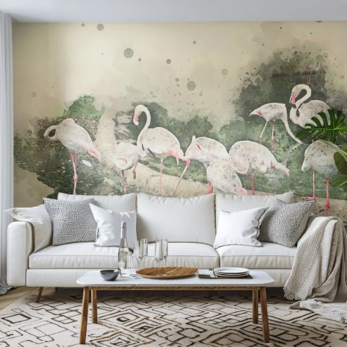 Fototapet Premium Canvas - En eksotisk drøm - Fugle, Flamingoer, Natur - 400x280 cm