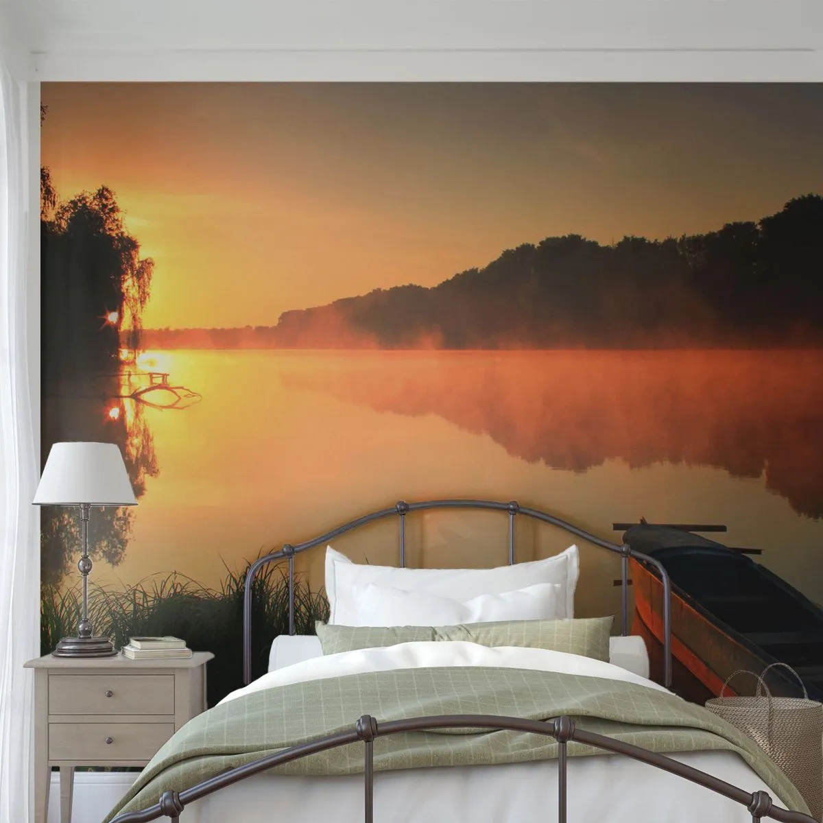Fototapet Premium Sand - Solopgang over vand som en spejlplade - Landskab, Sø, Morgen - 250x175 cm