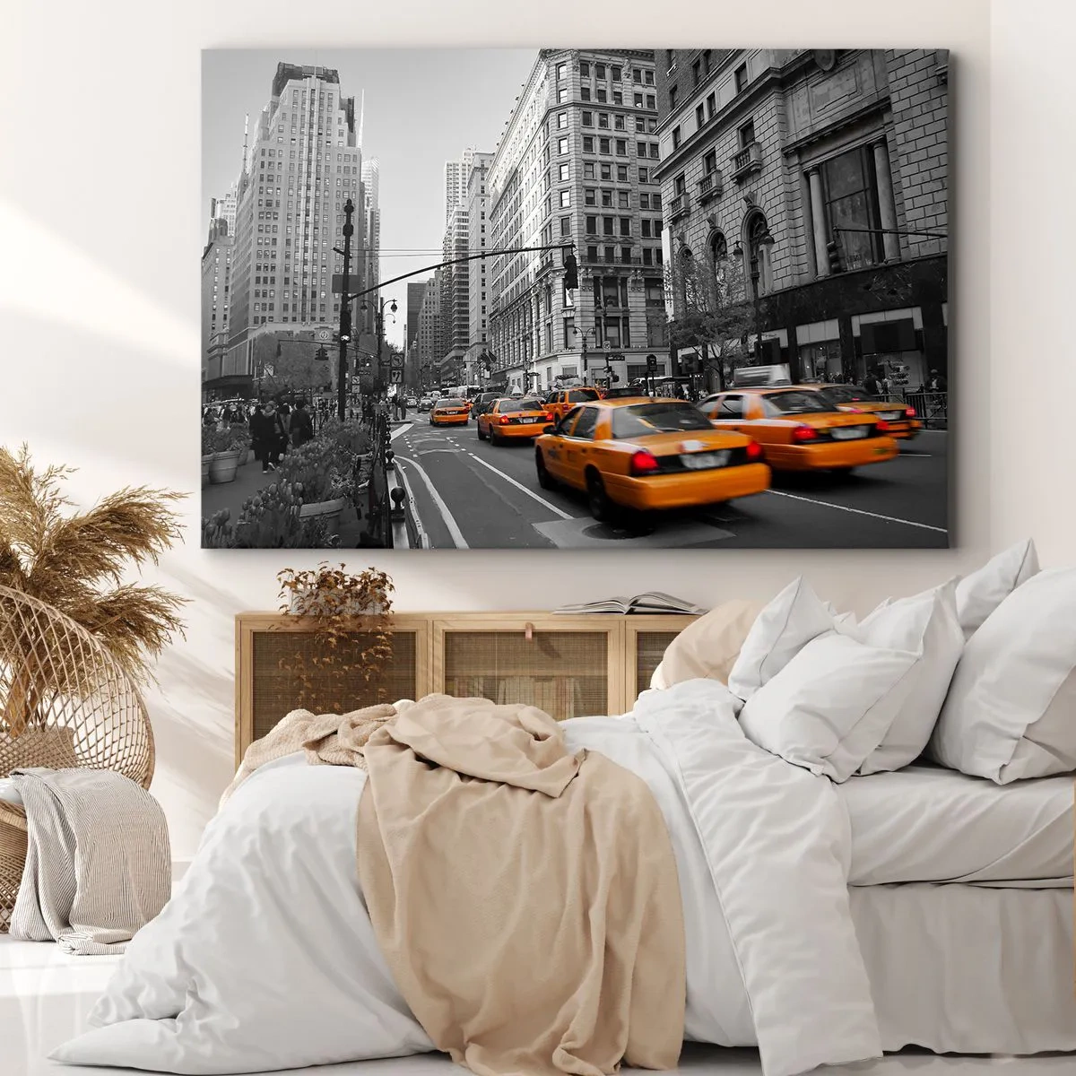 Lærredstryk - Billede på lærred - Gule taxaer på gaderne i New York - 70x50cm - Storbyens sol - Moderne vægdekoration til stue og soveværelse ARTTOR