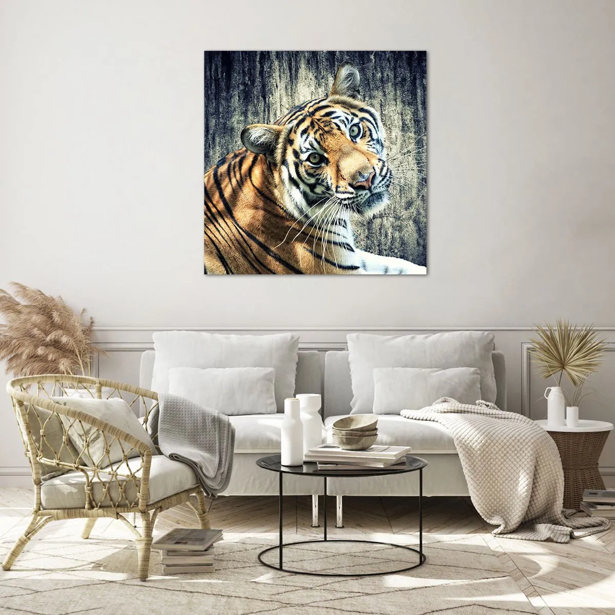 Billede på glas - Portræt i lysstrømme - 50x50 cm