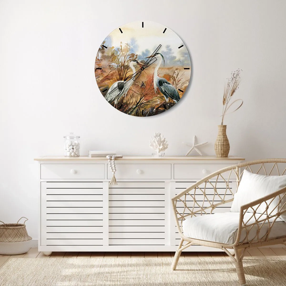 Vægur, Uret - To traner i et efterårsakvarellandskab - 30x30cm - Hvor skal vi hen om efteråret? - Moderne vægdekoration til stue, køkken og soveværelse ARTTOR