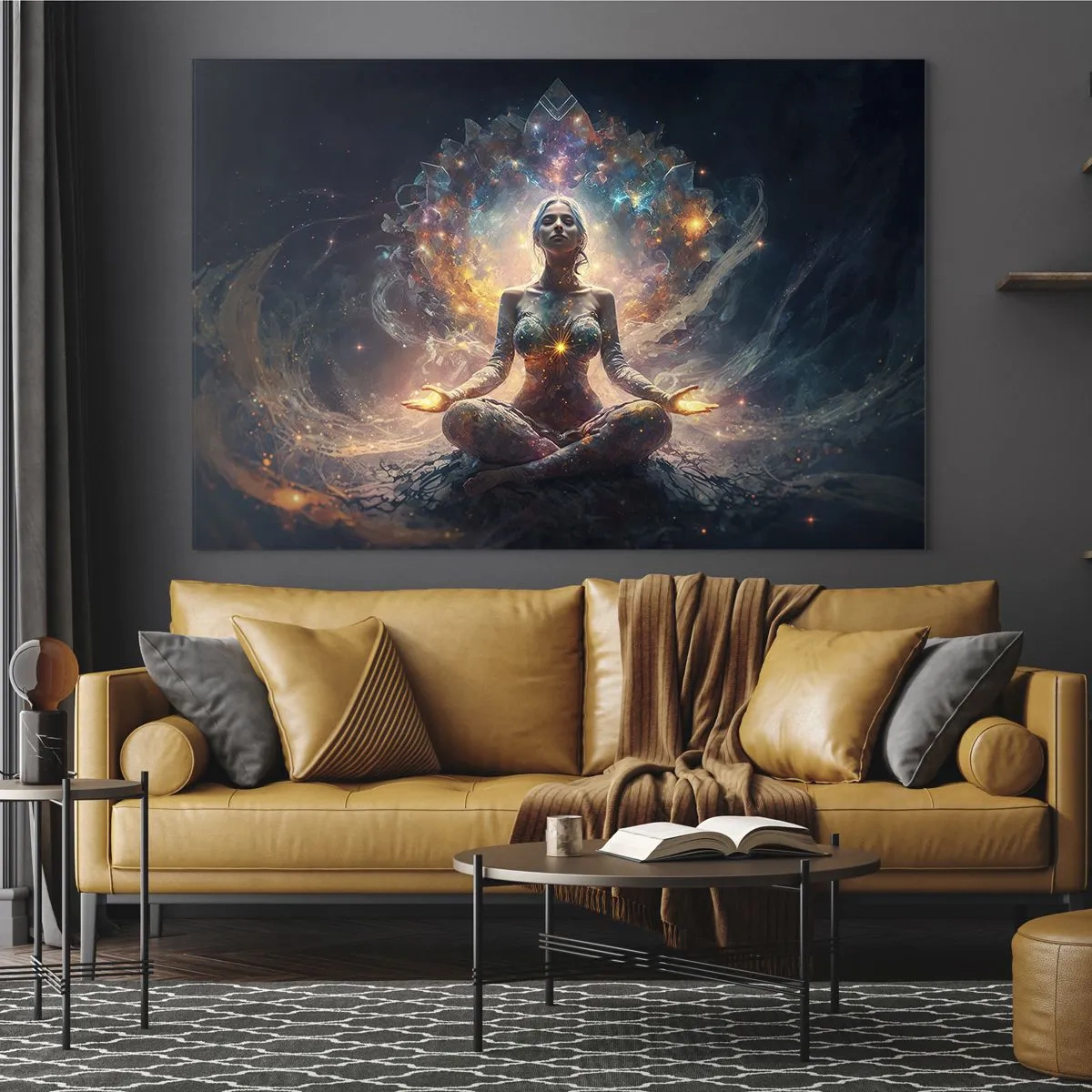 Billede på glas - En mediterende kvinde i en lysende aura af energi og farver - 70x50cm - Flow af god energi - Moderne vægdekoration til stue og soveværelse ARTTOR
