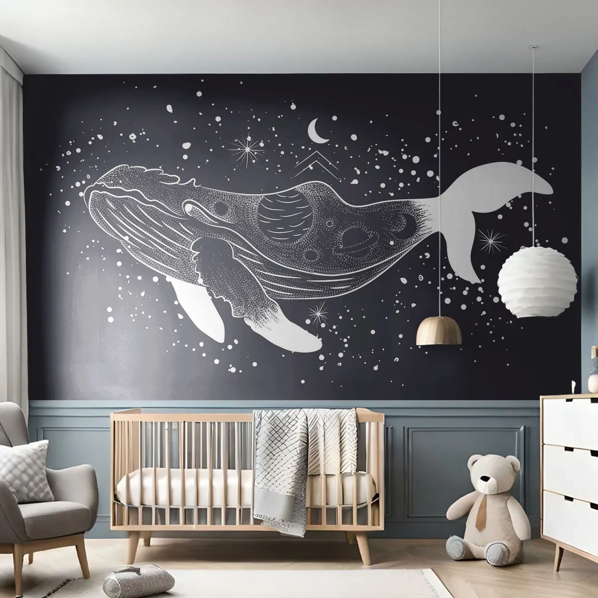 Fototapet Selvklæbende Deluxe Sticker - I universets ocean - Abstraktion, Hval, Sort og hvid - 250x175 cm