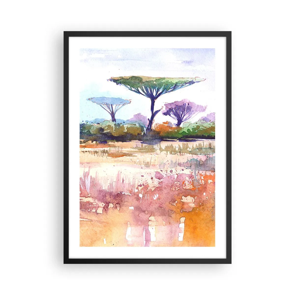Plakat i sort ramme - Et akvarelmaleri af et savannelandskab med akacietræer. - 50x70cm - Savannens farver - Moderne vægdekoration til stue og soveværelse ARTTOR