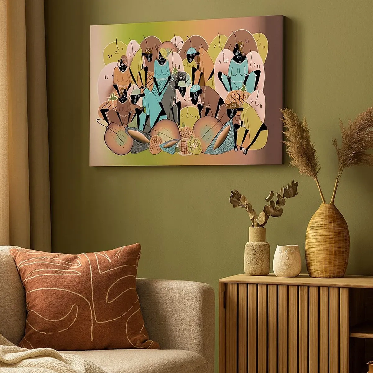 Lærredstryk - Billede på lærred - En farverig abstrakt komposition inspireret af afrikansk kultur - 70x50cm - Den store fejring er på vej - Moderne vægdekoration til stue og soveværelse ARTTOR