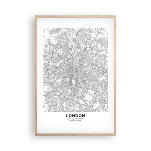 Plakat i ramme af lyst egetræ - Kort over Londons labyrint - 61x91 cm