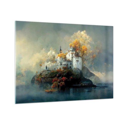 Billede på glas - Et slot på en klippe omgivet af tåge og efterårstræer - 70x50cm - Begyndelsen på en romantisk historie - Moderne vægdekoration til stue og soveværelse ARTTOR