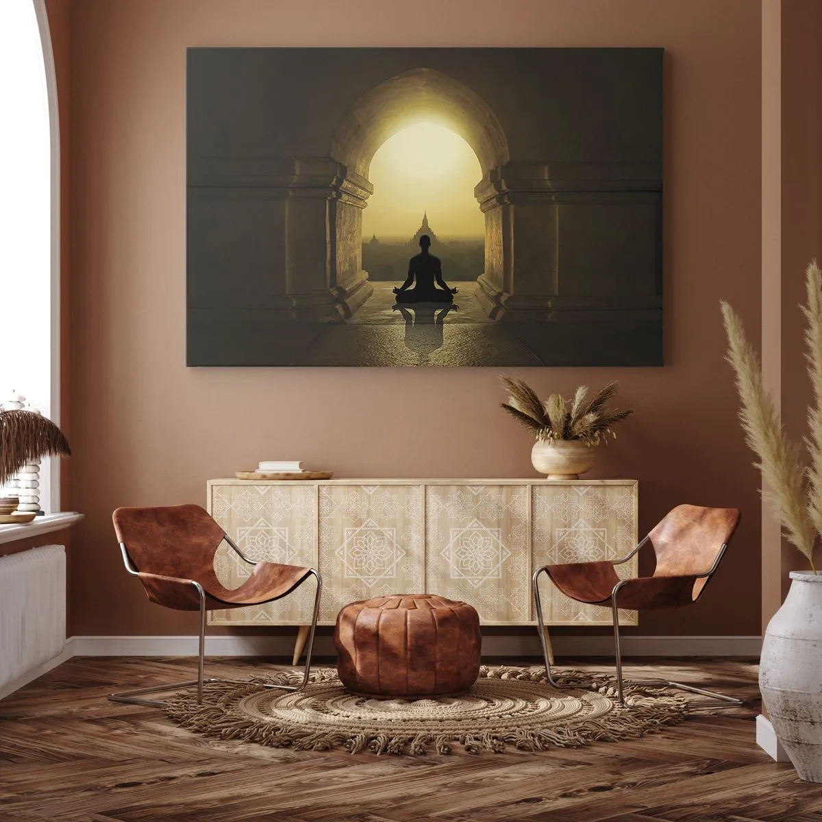 Lærredstryk - Billede på lærred - Silhuet af en mediterende person i lyset af den nedgående sol - 70x50cm - Fuldkommen harmoni - Moderne vægdekoration til stue og soveværelse ARTTOR