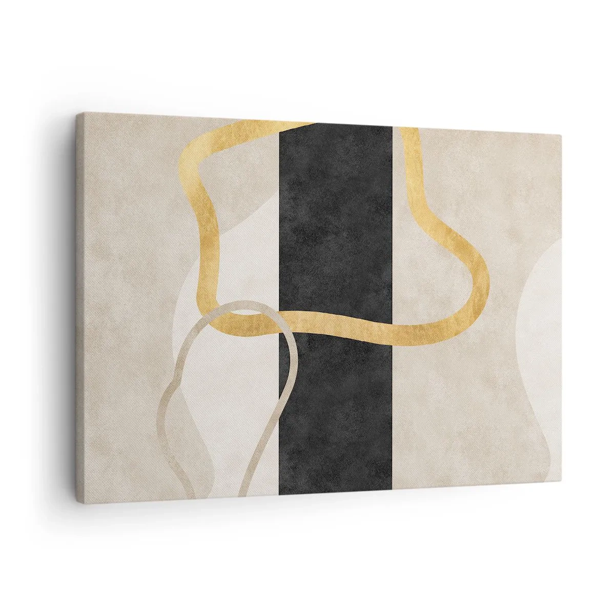 Lærredstryk - Billede på lærred - Et minimalistisk design med løkkeformede former i guld og sort. - 70x50cm - Sløjfeformede former - Moderne vægdekoration til stue og soveværelse ARTTOR