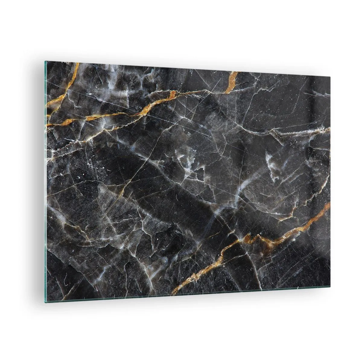 Billede på glas - Sort og guld marmormønster med hvide årer - 70x50cm - En stens indre liv - Moderne vægdekoration til stue og soveværelse ARTTOR
