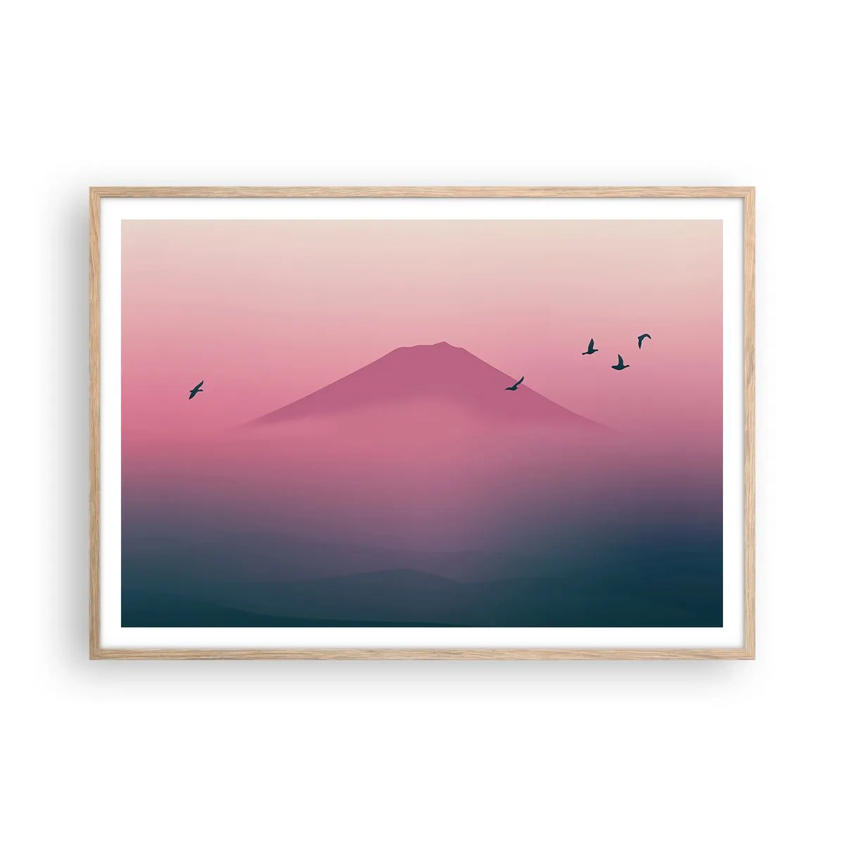 Plakat i ramme af lyst egetræ - Vandrer over skyerne - 100x70 cm