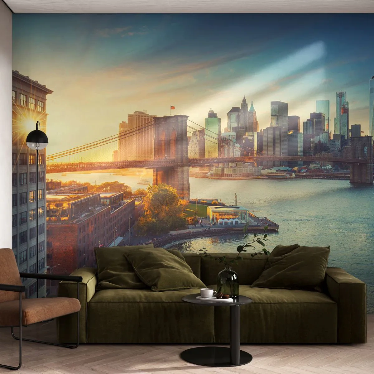 Fototapet Premium Sand - Den store bys daggry - New York, By, Brooklyn Bridge - 100x70 cm