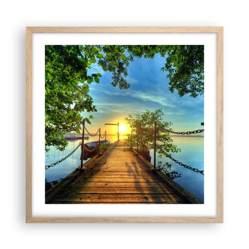 Plakat i ramme af lyst egetræ - Mod vest ved vandet - 50x50 cm