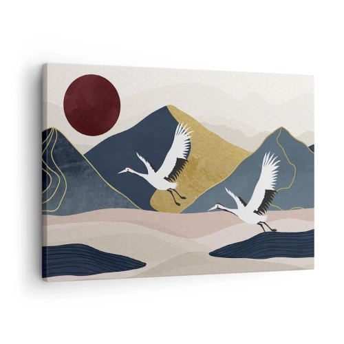 Lærredstryk - Billede på lærred - Traner i flugt mod en baggrund af bjerge og en rød sol - 70x50cm - Og dagen er igen FLØJET af sted - Moderne vægdekoration til stue og soveværelse ARTTOR