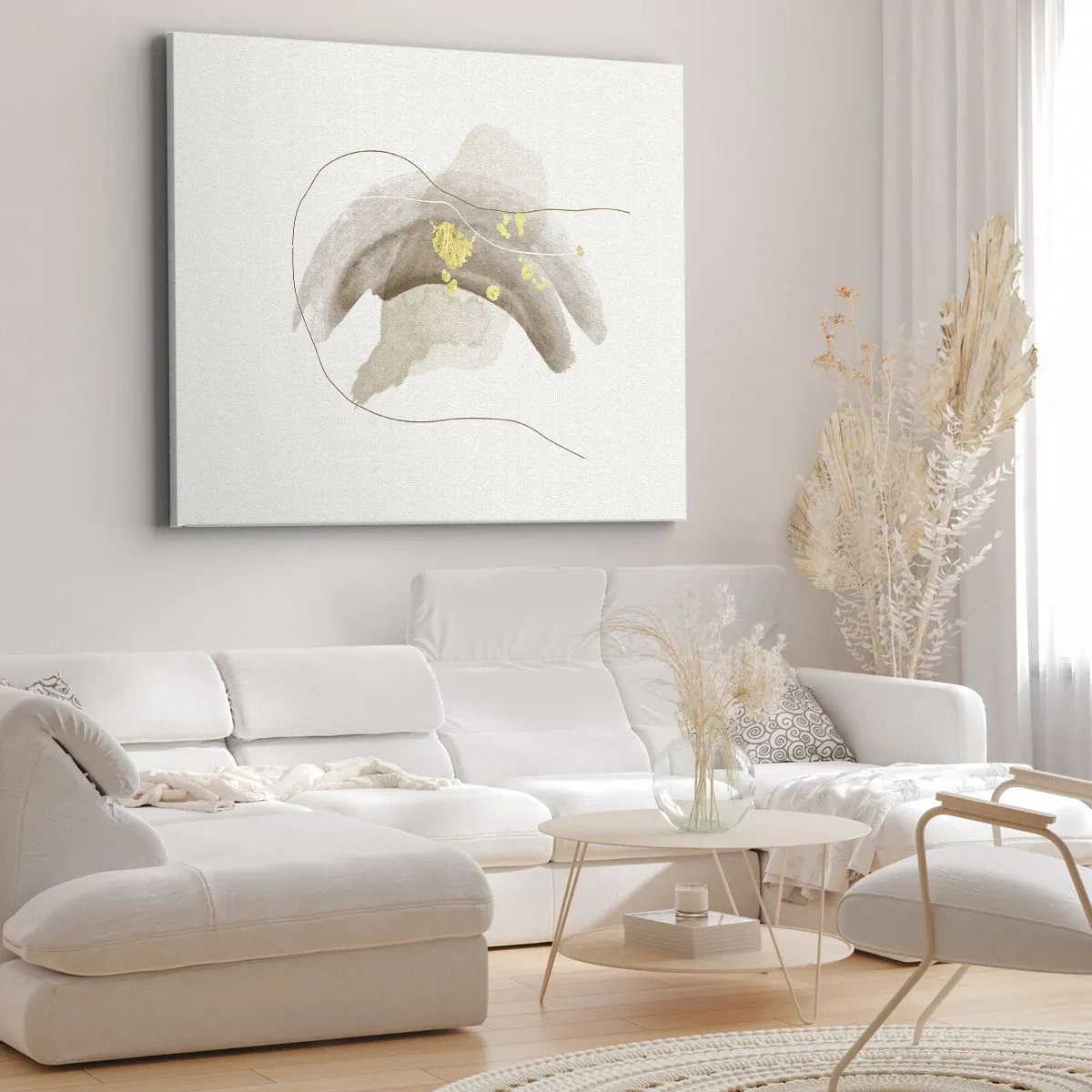 Lærredstryk - Billede på lærred - En abstrakt komposition i nuancer af beige og guld. - 70x50cm - Mødt i rummet - Moderne vægdekoration til stue og soveværelse ARTTOR