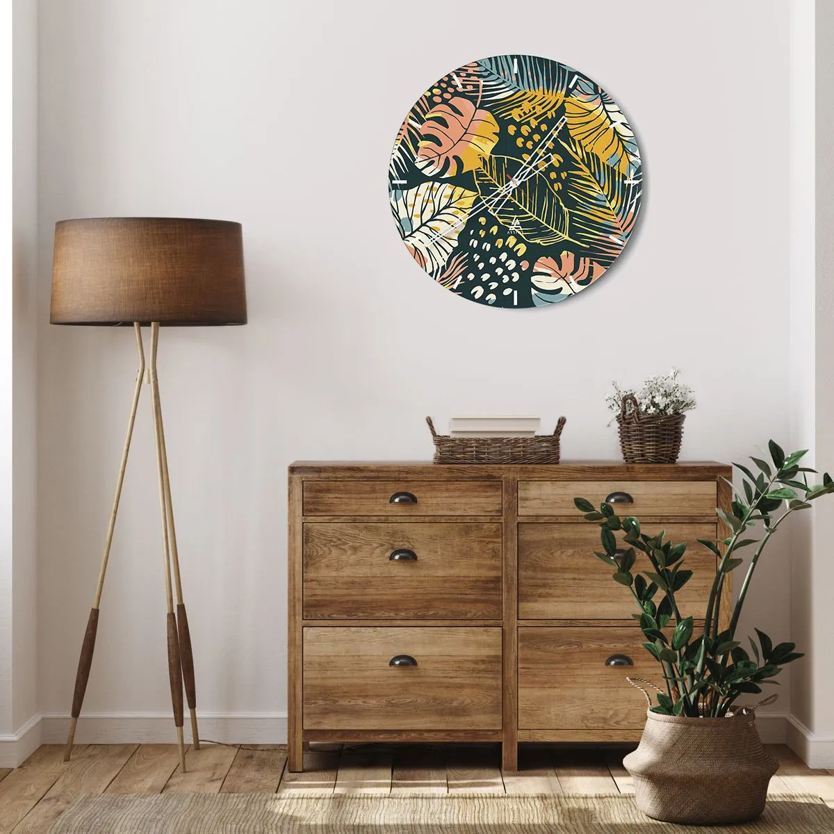 Vægur, Uret - Farverigt tropisk bladmønster på en mørk baggrund - 30x30cm - Løvrig fantasi - Moderne vægdekoration til stue, køkken og soveværelse ARTTOR