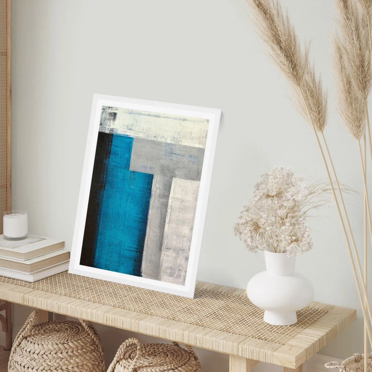 Plakat i hvid ramme - Poetisk komposition af grå og blå - 40x50 cm