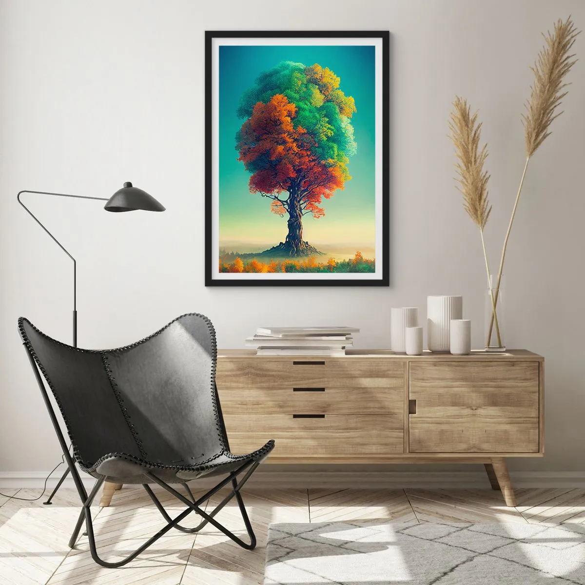 Plakat i sort ramme - Et træ i de fire årstiders farver - 50x70cm - Eg - naturens fader - Moderne vægdekoration til stue og soveværelse ARTTOR