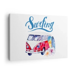 Lærredstryk - Billede på lærred - Farverig grafik med en bus og et surfing-tema - 70x50cm - Agurk - en klassiker for surferen - Moderne vægdekoration til stue og soveværelse ARTTOR