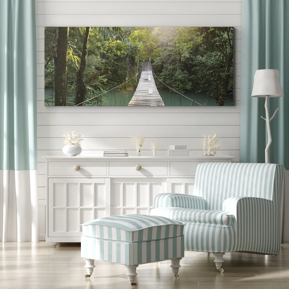 Lærredstryk - Billede på lærred - Over det azurblå vand til den azurblå skov - 100x40 cm