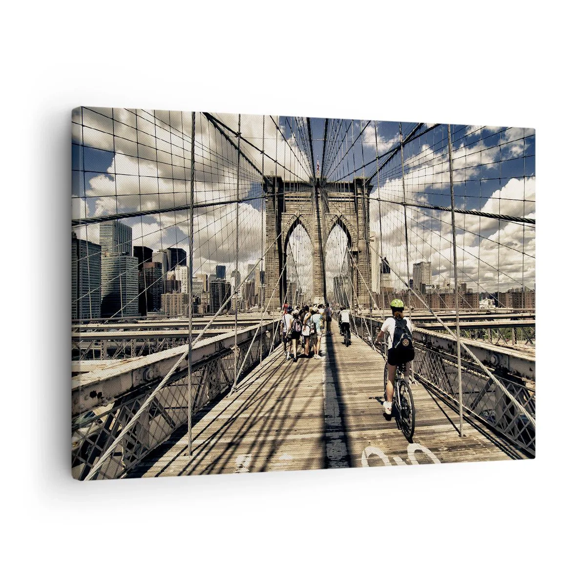 Lærredstryk - Billede på lærred - Brooklyn Bridge med udsigt til fodgængere og cyklister - 70x50cm - Lige til hjertet af byen - Moderne vægdekoration til stue og soveværelse ARTTOR