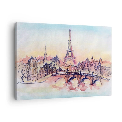 Lærredstryk - Billede på lærred - Akvarelpanorama af Paris med Eiffeltårnet ved solnedgang - 70x50cm - Den eneste by af sin art i verden - Moderne vægdekoration til stue og soveværelse ARTTOR