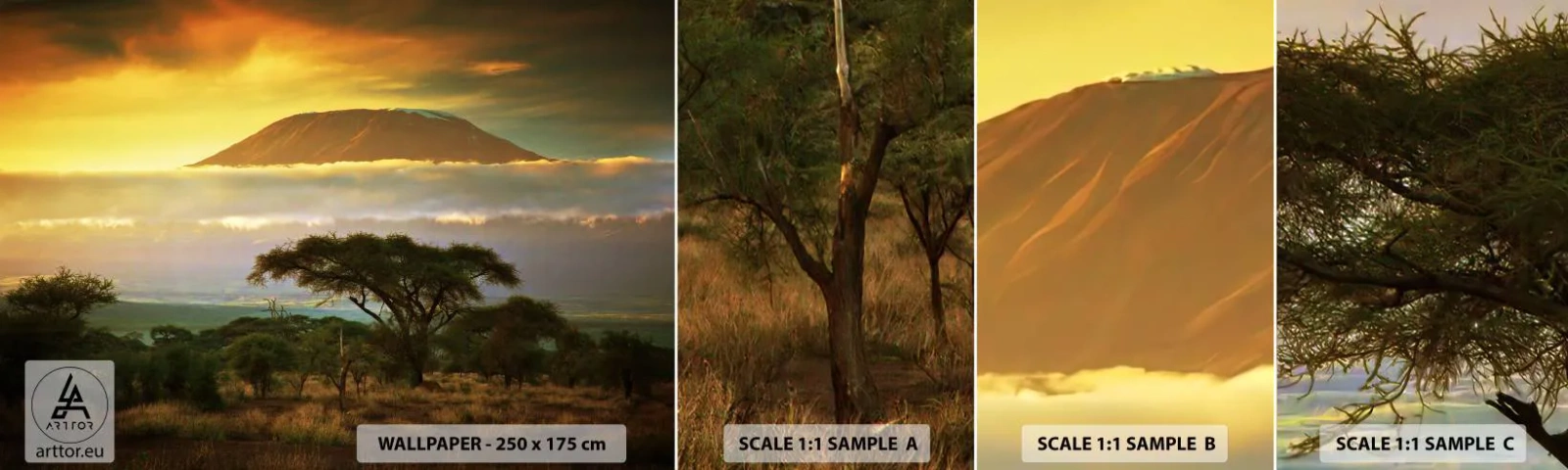 Prøve Fototapet Selvklæbende Deluxe Sticker - En rejsendes drøm - Landskab, Kilimanjaro-bjerget, Afrika - 100x30 cm