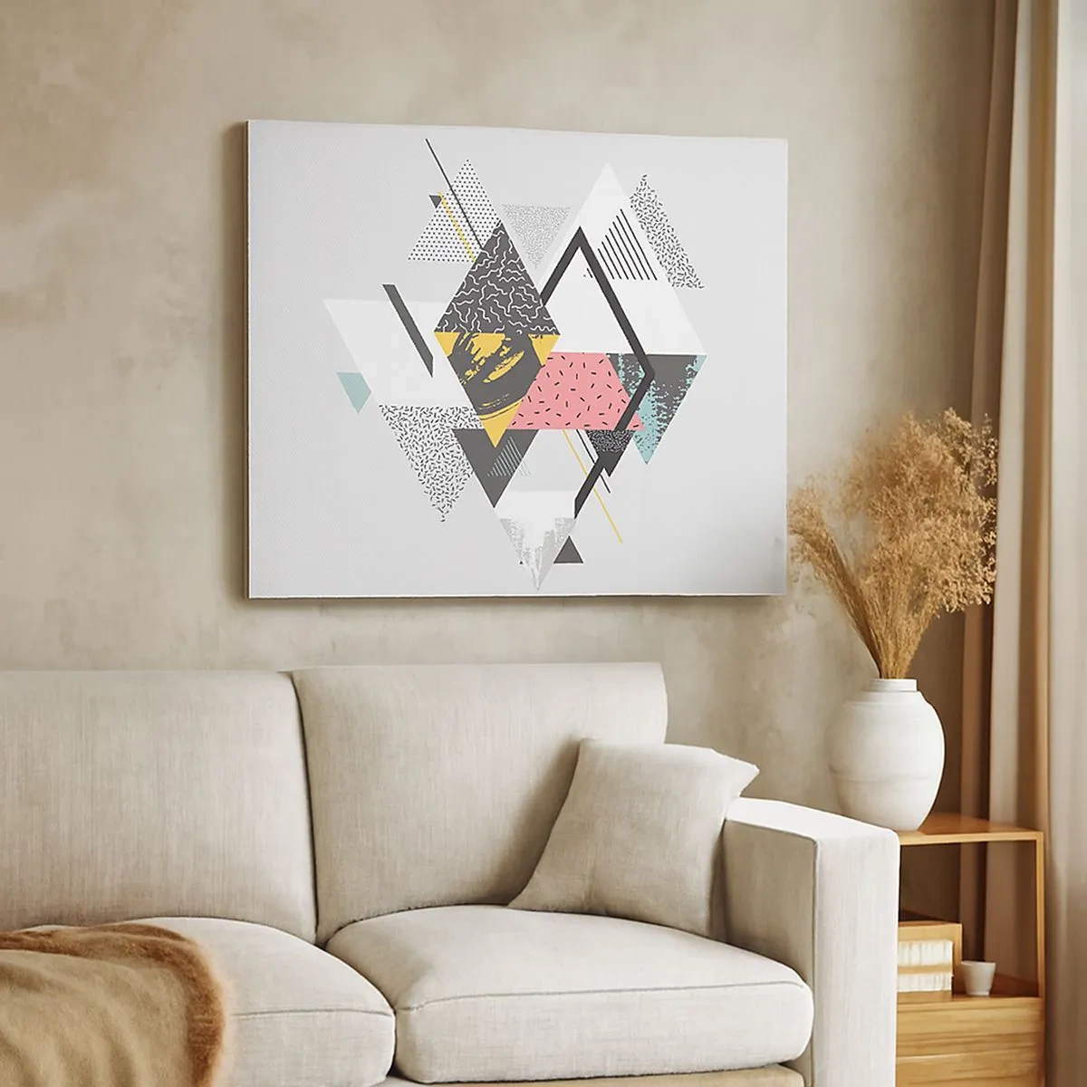 Lærredstryk - Billede på lærred - Geometriske mønstre på en lys baggrund - 70x50cm - Variation af trekanter og rhomber - Moderne vægdekoration til stue og soveværelse ARTTOR