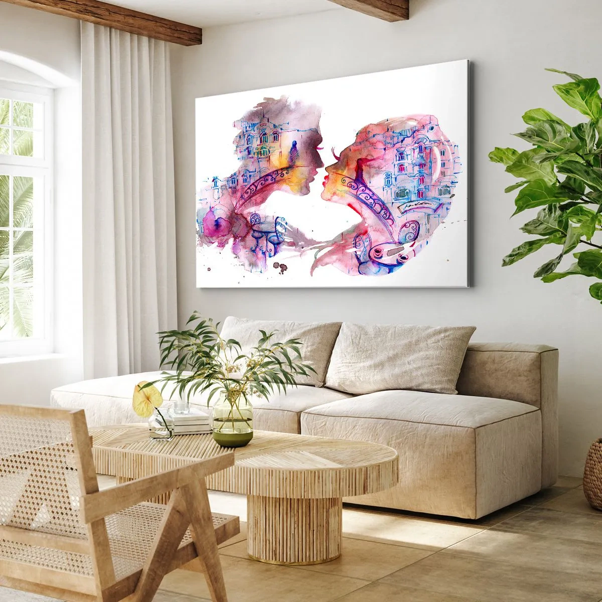 Lærredstryk - Billede på lærred - En romantisk akvarel, der skildrer silhuetter af elskende - 70x50cm - Sukkenes hemmelige bro - Moderne vægdekoration til stue og soveværelse ARTTOR
