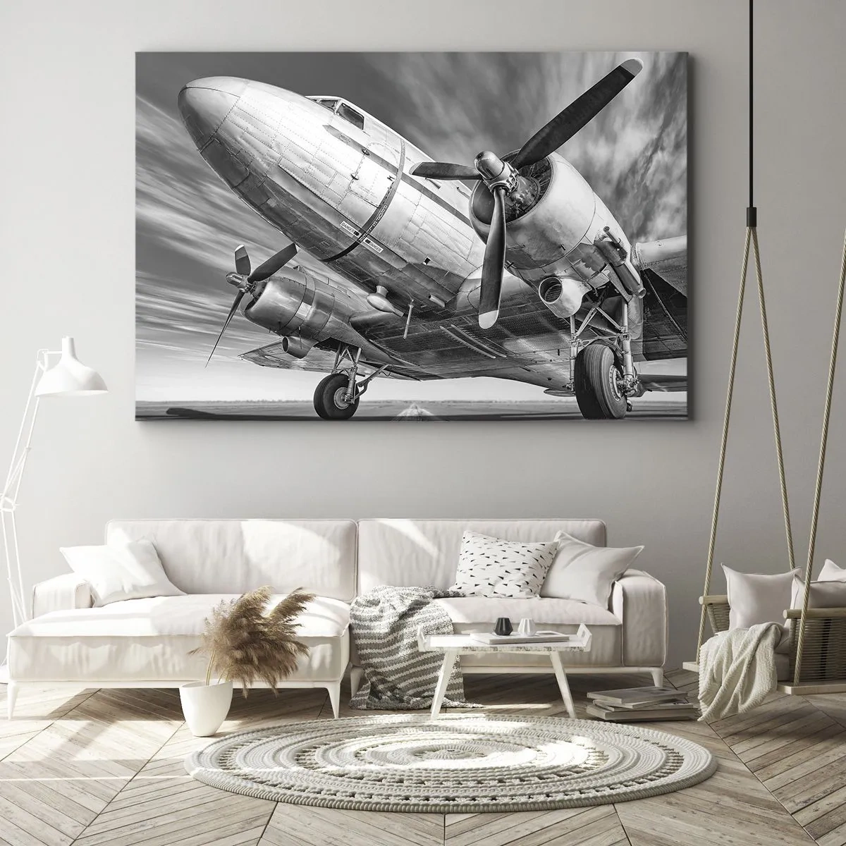 Lærredstryk - Billede på lærred - Et sort-hvidt billede af et klassisk fly med synlige strukturelle detaljer. - 70x50cm - Altid klar til at flyve - Moderne vægdekoration til stue og soveværelse ARTTOR