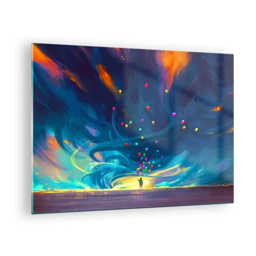 Billede på glas - En person, der holder farverige balloner mod en blå vindbaggrund. - 70x50cm - På en blå vind - Moderne vægdekoration til stue og soveværelse ARTTOR