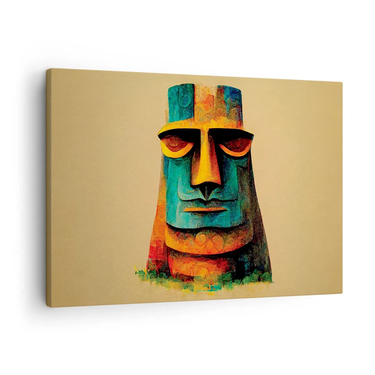 Lærredstryk - Billede på lærred - Farverig statue fra Påskeøen - 70x50cm - Statuarisk, men alligevel sympatisk - Moderne vægdekoration til stue og soveværelse ARTTOR