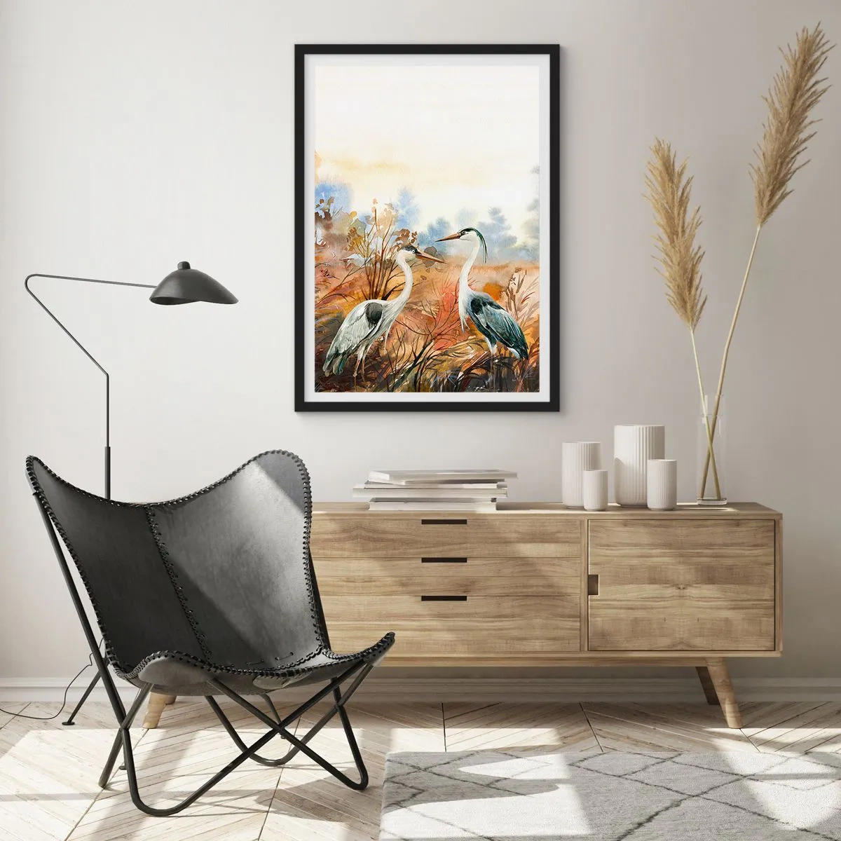 Plakat i sort ramme - Traner mod baggrunden af et efterårslandskab i akvarel - 50x70cm - Hvor skal vi hen om efteråret? - Moderne vægdekoration til stue og soveværelse ARTTOR