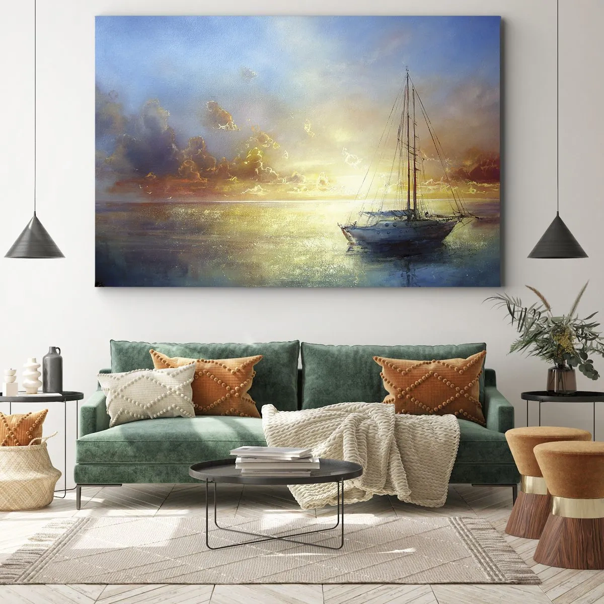 Lærredstryk - Billede på lærred - En yacht på et roligt hav ved solnedgang - 70x50cm - I en gylden bugt - Moderne vægdekoration til stue og soveværelse ARTTOR