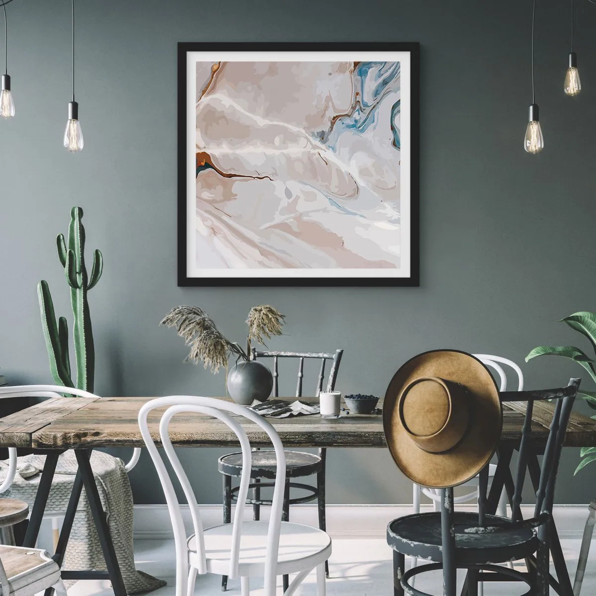 Plakat i sort ramme - Blå slynger sig under det hvide - 50x50 cm