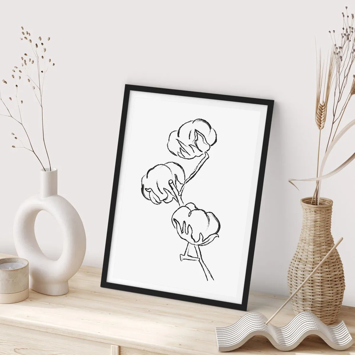 Plakat i sort ramme - En minimalistisk skitse af en bomuldsgren - 50x70cm - Bomuld ned - Moderne vægdekoration til stue og soveværelse ARTTOR
