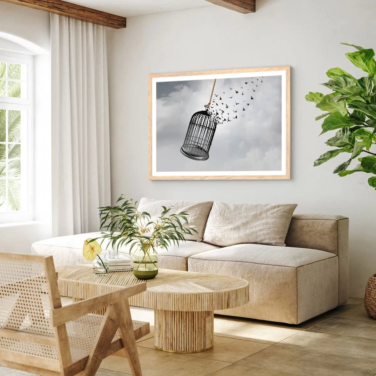 Plakat i ramme af lyst egetræ - Tro...håb...frihed! - 70x50 cm