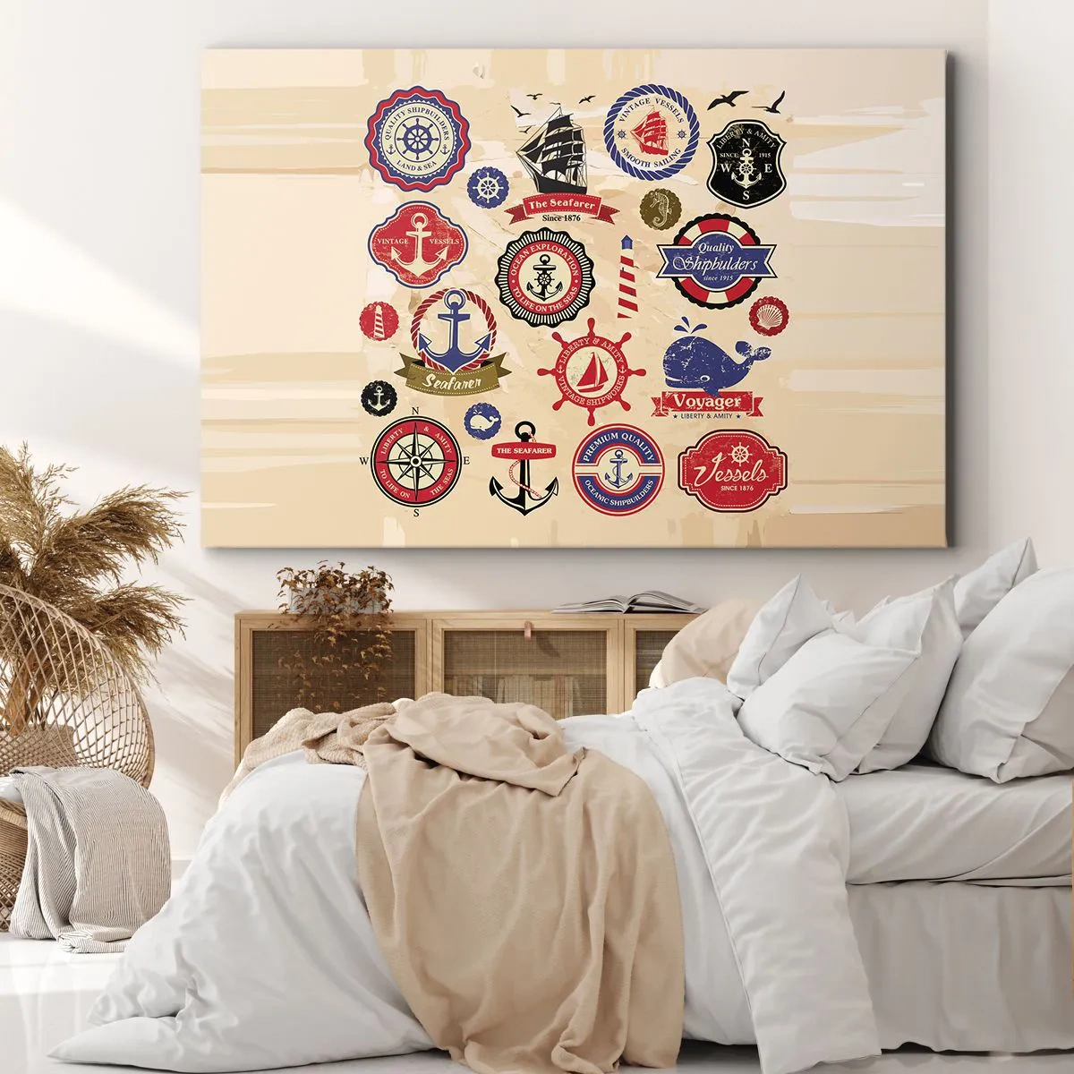 Lærredstryk - Billede på lærred - En samling af nautisk grafik og symboler på en lys baggrund - 70x50cm - Sejlsportsbroderskab - Moderne vægdekoration til stue og soveværelse ARTTOR