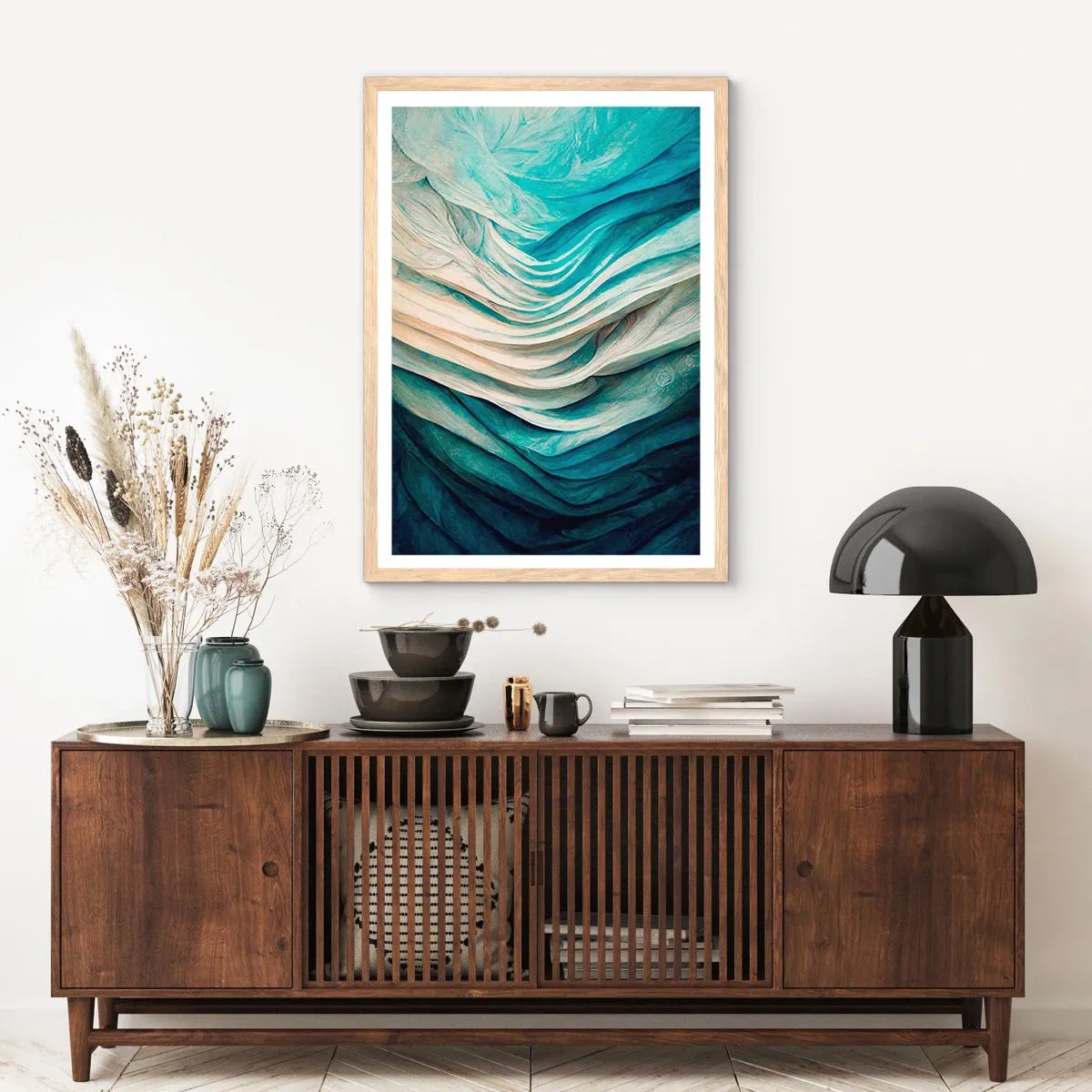 Plakat i ramme af lyst egetræ - Blå umættelighed - 50x70 cm