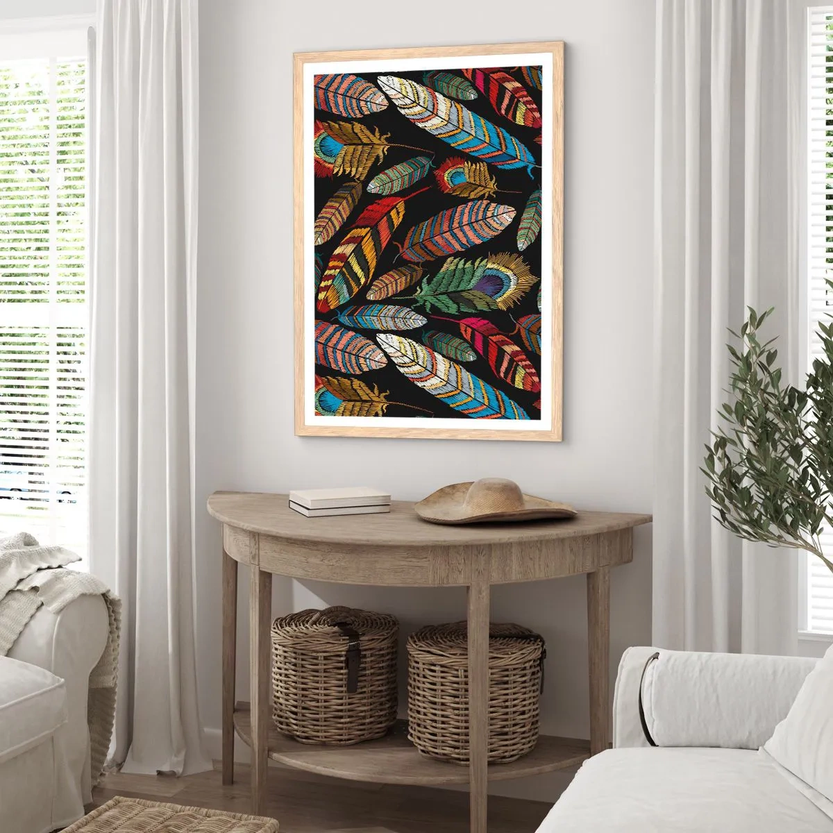 Plakat i ramme af lyst egetræ - Fuglekarneval - 61x91 cm