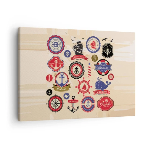 Lærredstryk - Billede på lærred - En samling af nautisk grafik og symboler på en lys baggrund - 70x50cm - Sejlsportsbroderskab - Moderne vægdekoration til stue og soveværelse ARTTOR