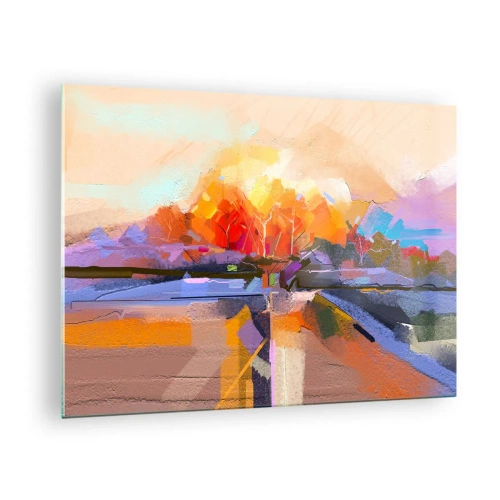 Billede på glas - Abstrakt landskab med en solnedgang og farverige marker - 70x50cm - Det er blevet efterår - Moderne vægdekoration til stue og soveværelse ARTTOR