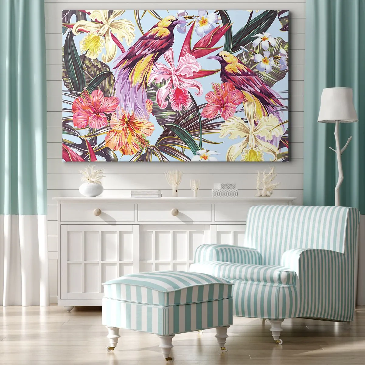 Lærredstryk - Billede på lærred - Eksotiske fugle blandt tropiske blomster - 70x50cm - Kronblade og fjer - Moderne vægdekoration til stue og soveværelse ARTTOR