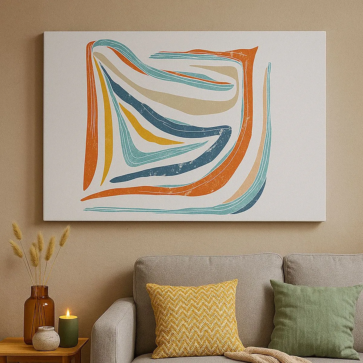Lærredstryk - Billede på lærred - Farverige, dynamiske linjer i nuancer af blå, orange og beige - 70x50cm - Venligt smilende abstraktion - Moderne vægdekoration til stue og soveværelse ARTTOR