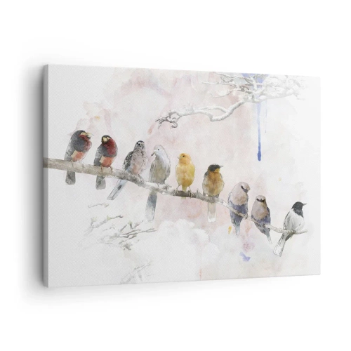 Lærredstryk - Billede på lærred - Farverige fugle på en gren i akvarelstil - 70x50cm - Møde med vinger - Moderne vægdekoration til stue og soveværelse ARTTOR