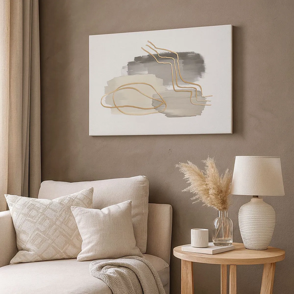 Lærredstryk - Billede på lærred - Abstrakte gyldne linjer på en grå baggrund - 70x50cm - Vedholdenhed og bevægelse - Moderne vægdekoration til stue og soveværelse ARTTOR