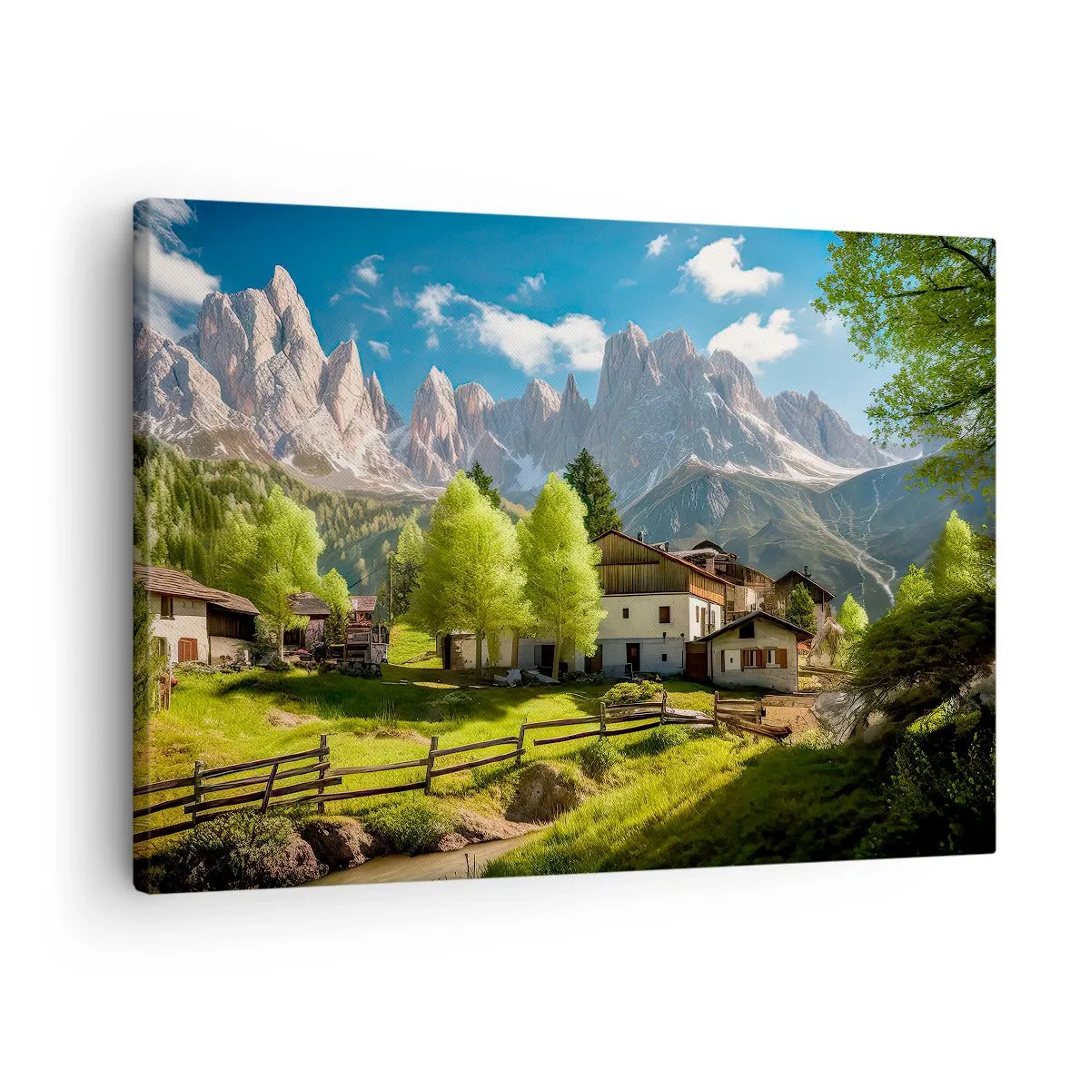 Lærredstryk - Billede på lærred - En bjerglandsby med huse og udsigt over Alperne - 70x50cm - Alpeidyl - Moderne vægdekoration til stue og soveværelse ARTTOR