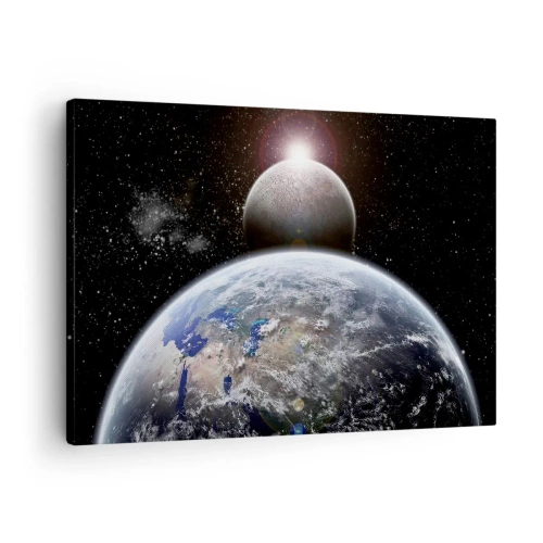 Lærredstryk - Billede på lærred - Planeten Jorden og Månen mod baggrund af det stjerneklare ydre rum. - 70x50cm - Kosmisk landskab - solopgang - Moderne vægdekoration til stue og soveværelse ARTTOR